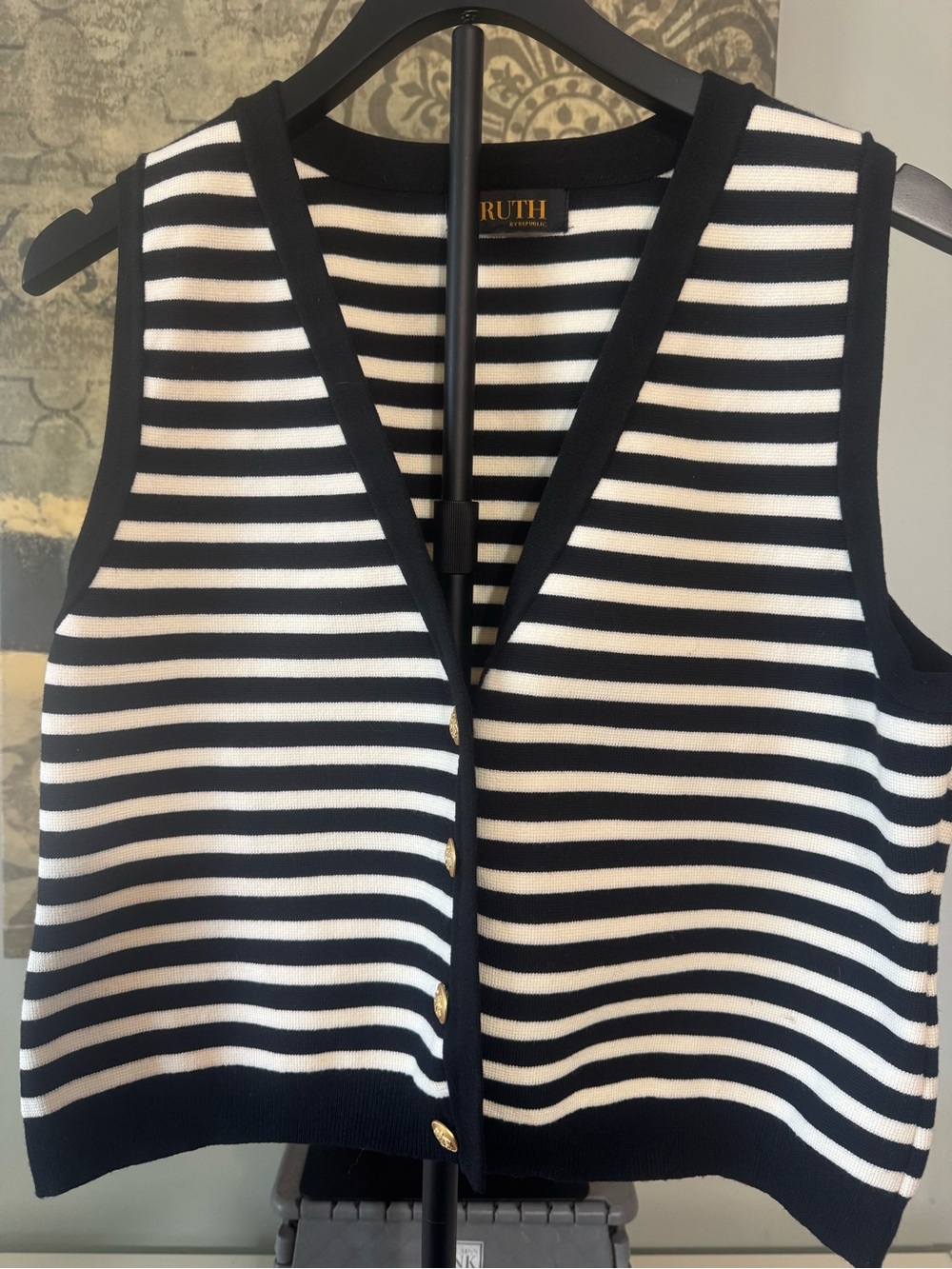 Ruth Black & White Striped Sleeveless Cardigan Vest